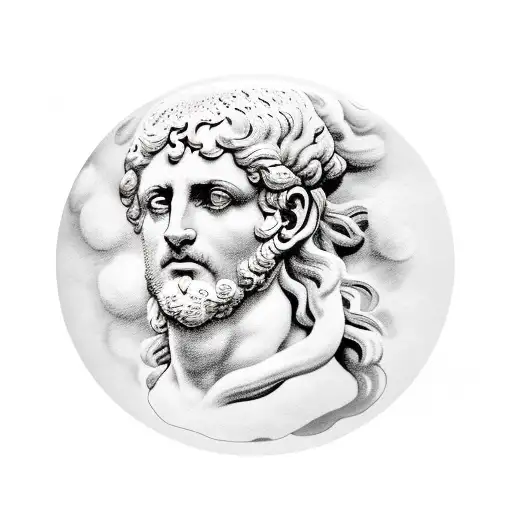 school of Athens with Zeus overlooking, Sisyphus on one side, and Athena on the other tattoo design idea