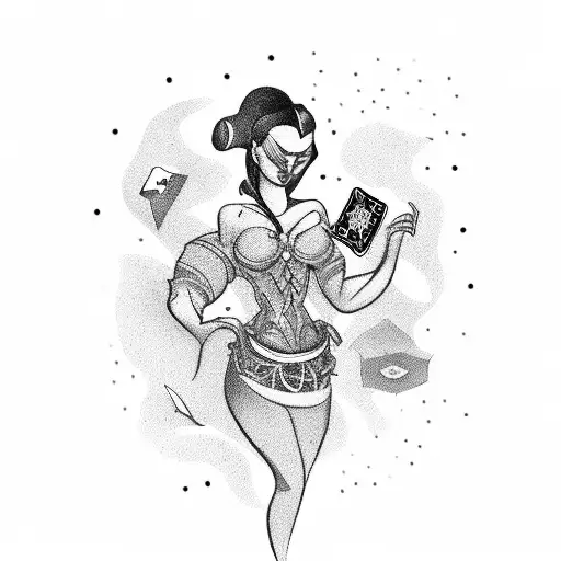 A fierce and mysterious femme fatale surrounded by playing cards and stacks of money tattoo design idea