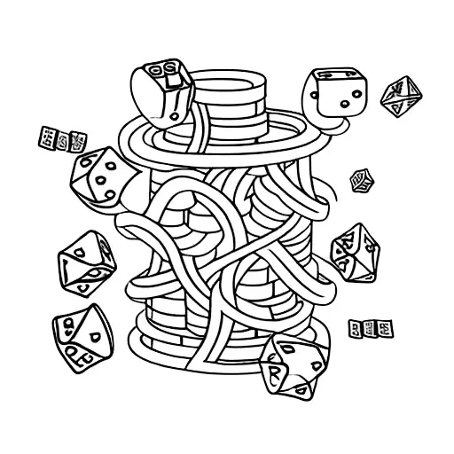 A dotwork design of a woman's silhouette intertwined with stacks of cash and dice, representing the excitement and risks of gambling tattoo design idea