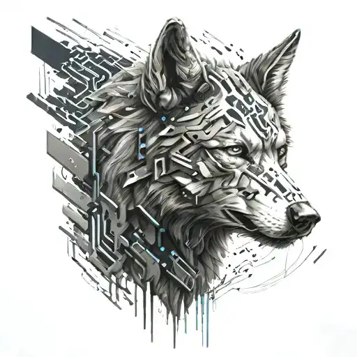 A futuristic cyberpunk wolf with binary code running through its fur tattoo design idea