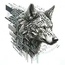 A futuristic cyberpunk wolf with binary code running through its fur tattoo design idea