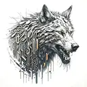 A futuristic cyberpunk wolf with binary code running through its fur tattoo design idea
