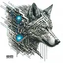 A futuristic cyberpunk wolf with binary code running through its fur tattoo design idea