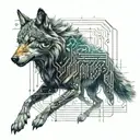 A futuristic cyberpunk wolf with binary code running through its fur tattoo design idea