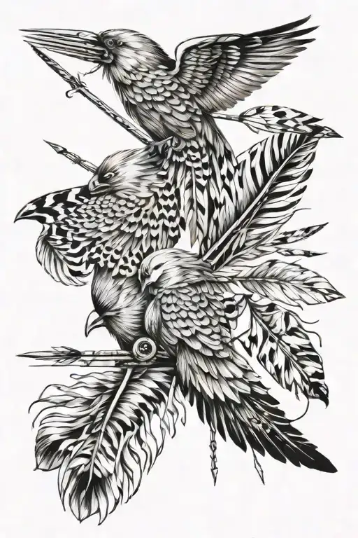 Q uiver with 5 arrows with names on the feathers. tattoo design idea