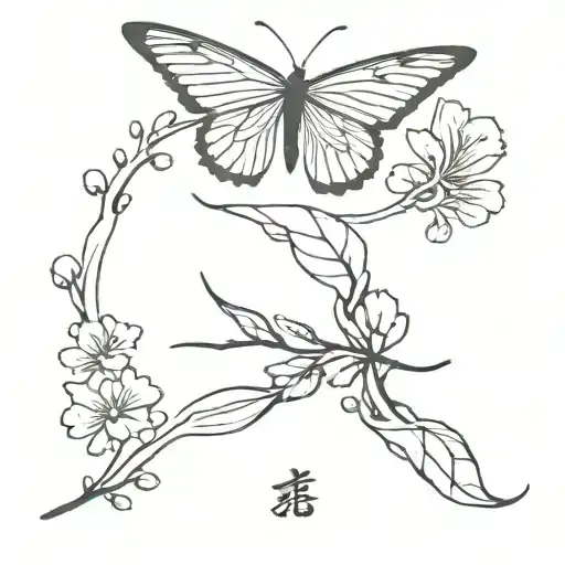 japanese characters with butterfly resting tattoo design idea