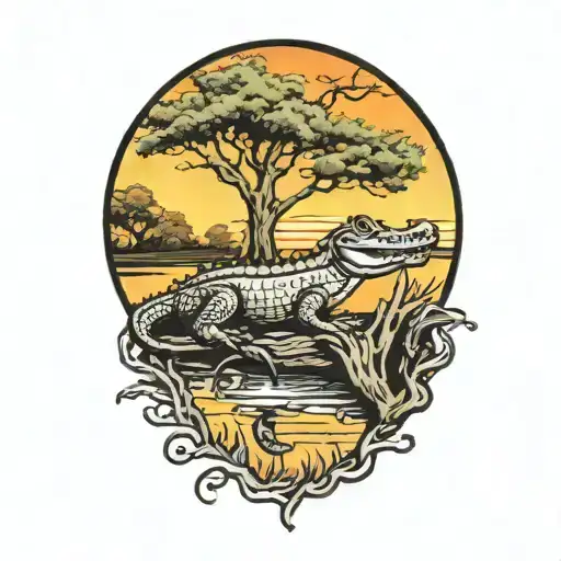 alligator under live oak tree with Spanish moss at sunset  tattoo design idea