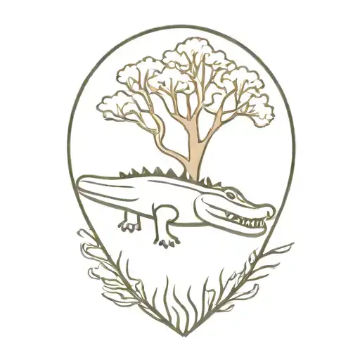alligator with live oak tree sunset tattoo design idea