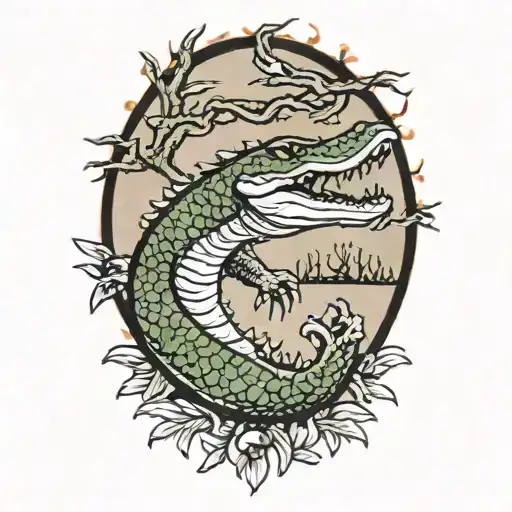 alligator and live oak and sunset tattoo design idea