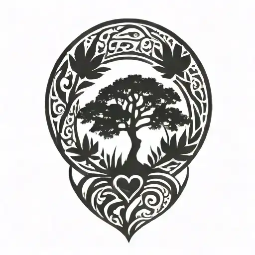 Spanish moss and oak tree with heart  tattoo design idea