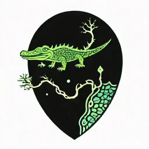 alligator with live oak tree sunset tattoo design idea