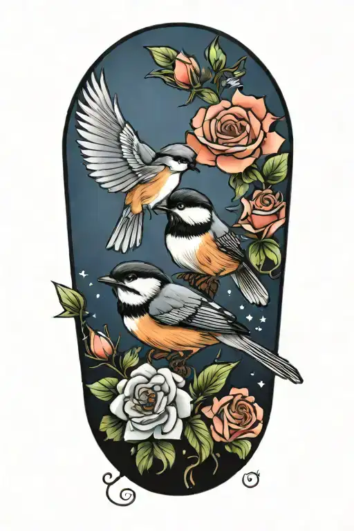 Roses and penta flowers with chickadee perched tattoo design idea