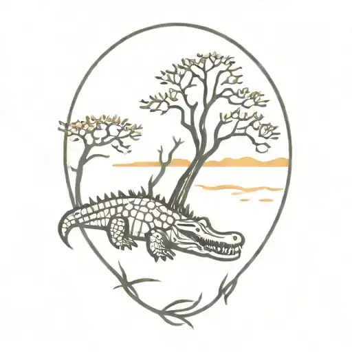 alligator with live oak tree sunset tattoo design idea