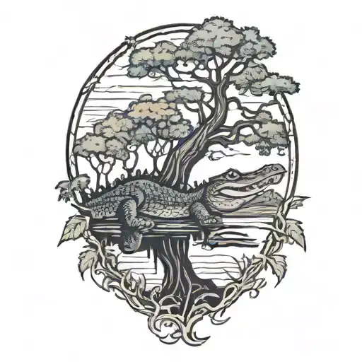 alligator under live oak tree with Spanish moss at sunset  tattoo design idea