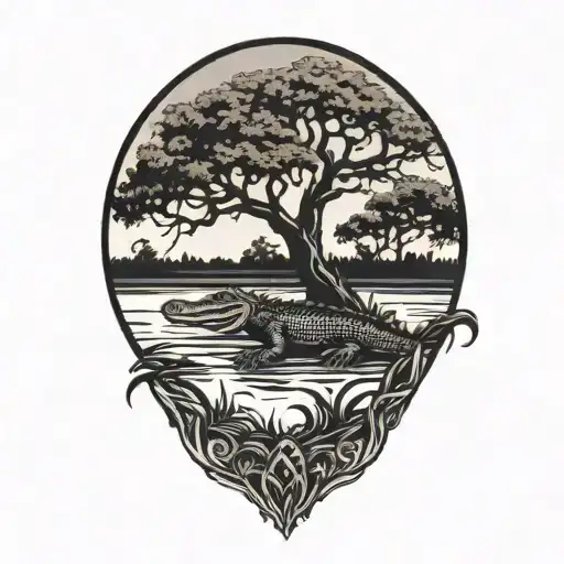 alligator under live oak tree with Spanish moss at sunset  tattoo design idea