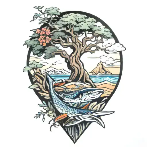 wahoo and a live oak and a beach  tattoo design idea