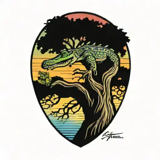 alligator under live oak tree with Spanish moss at sunset  tattoo design idea