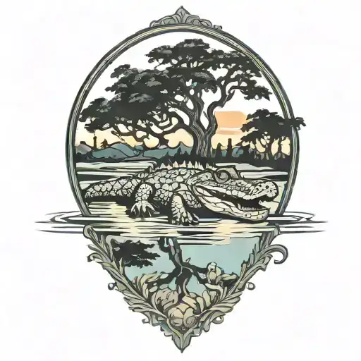 alligator with live oak tree sunset tattoo design idea
