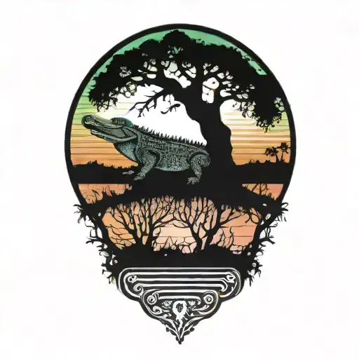 alligator under live oak tree with Spanish moss at sunset  tattoo design idea