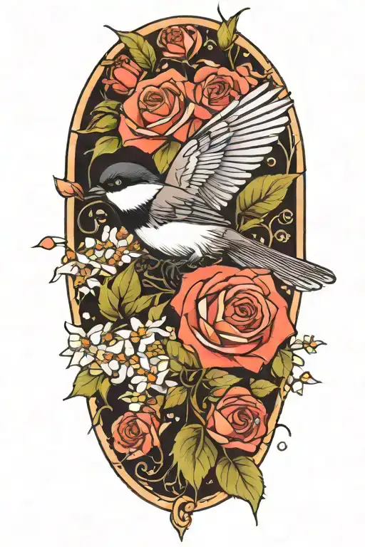 Roses and penta flowers with chickadee perched tattoo design idea