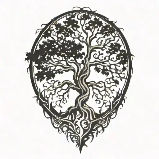 oak tree with spanish moss and heart in tree roots tattoo design idea