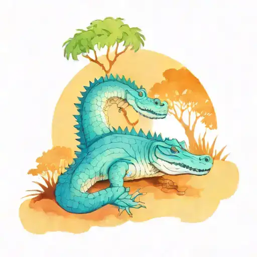alligator with live oak tree sunset tattoo design idea