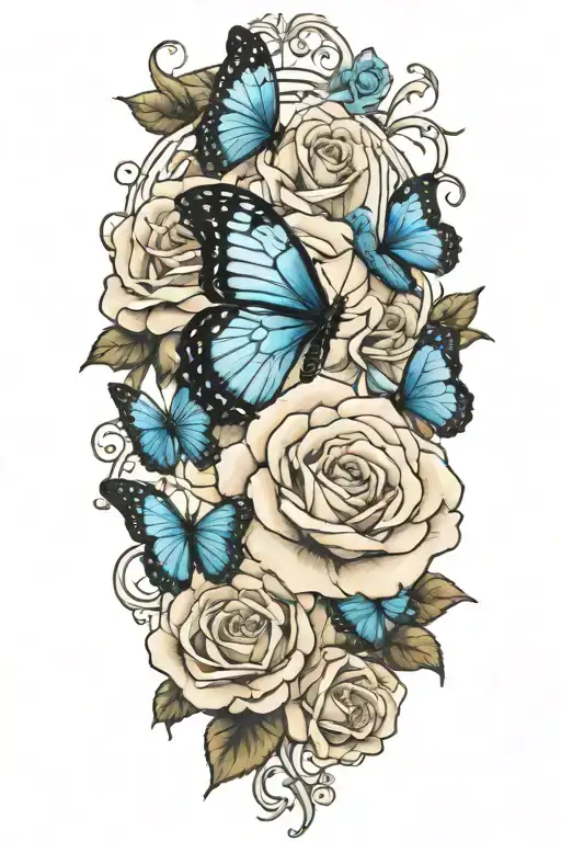 Roses and blue morpho butterfly tattoo design idea