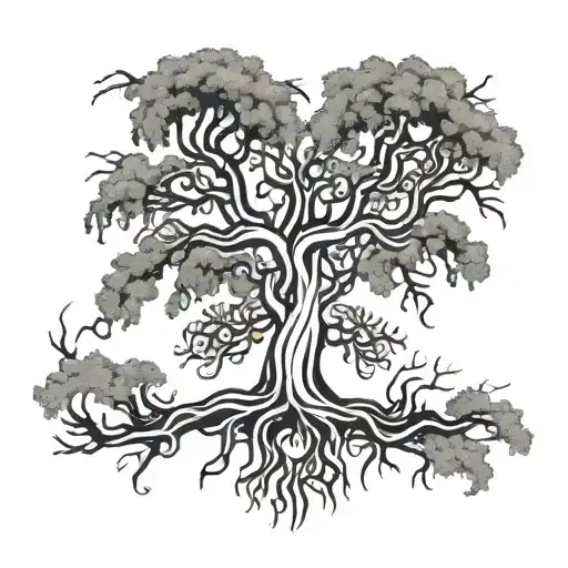 spanish moss and live oak tree with heart in roots tattoo design idea