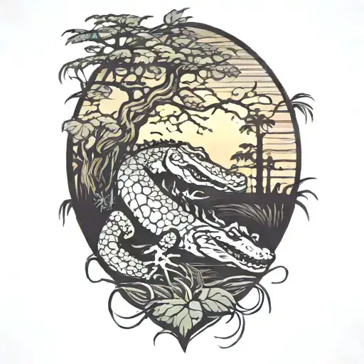 alligator and live oak with Spanish moss and sunset tattoo design idea