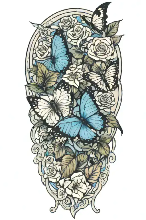 Roses and blue morpho butterfly and chickadee tattoo design idea