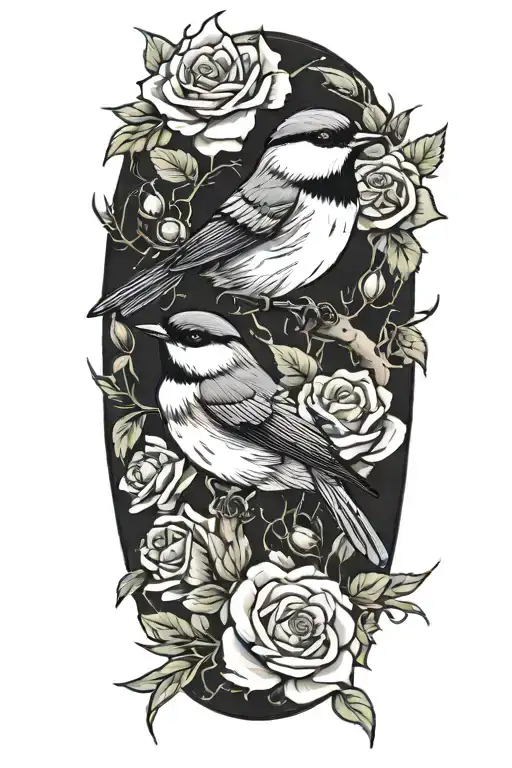 Roses and penta flowers with one chickadee perched tattoo design idea