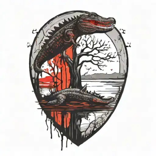 alligator with live oak tree sunset tattoo design idea