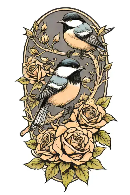Roses and chickadee perched tattoo design idea