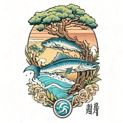 wahoo and a live oak and a beach  tattoo design idea