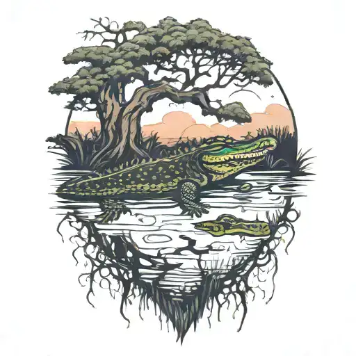alligator in the water at sunset under a live oak tree with hanging moss tattoo design idea
