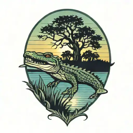 alligator with live oak tree sunset tattoo design idea