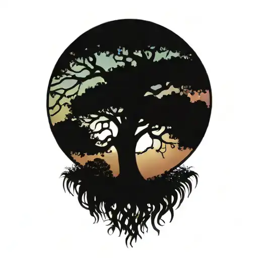 live oak tree with Spanish moss at sunset  tattoo design idea