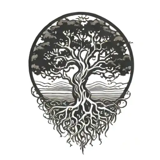 Spanish moss and oak tree with heart in  roots at bottom tattoo design idea