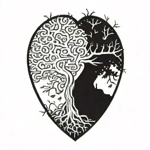 Spanish moss hanging on oak tree with  heart in tree roots tattoo design idea