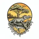alligator under live oak tree with Spanish moss at sunset  tattoo design idea