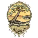 alligator under live oak tree with Spanish moss at sunset  tattoo design idea