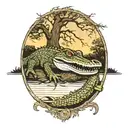 alligator under live oak tree with Spanish moss at sunset  tattoo design idea