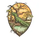 alligator under live oak tree with Spanish moss at sunset  tattoo design idea
