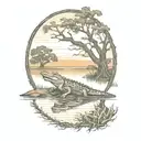 alligator with live oak tree sunset tattoo design idea