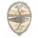 alligator with live oak tree sunset tattoo design idea