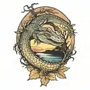 single alligator and live oak with Spanish moss and sunset tattoo design idea