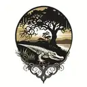 alligator under live oak tree with Spanish moss at sunset  tattoo design idea