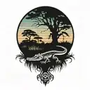 alligator under live oak tree with Spanish moss at sunset  tattoo design idea