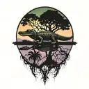 alligator under live oak tree with Spanish moss at sunset  tattoo design idea