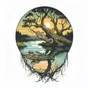 alligator in the water at sunset under a live oak tree with Spanish moss hanging tattoo design idea